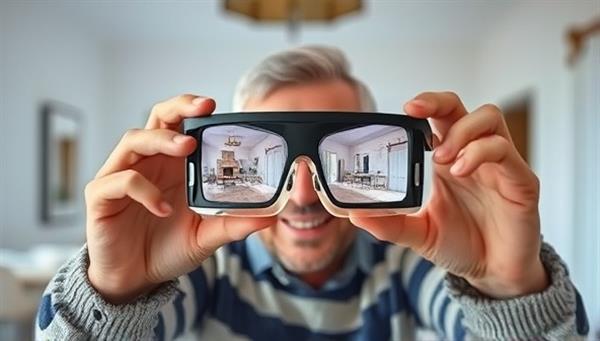An engaging visual representation of a homeowner using augmented reality glasses to view and interact with virtual renovation designs overlaid on their existing space, highlighting the seamless integration of technology and design in the home renovation process.