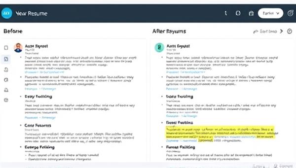 An interactive dashboard displaying a before-and-after comparison of a resume, with the AI-powered optimizations highlighted in real-time, showcasing improved formatting, relevant keywords, and enhanced readability, creating a visual representation of the tool