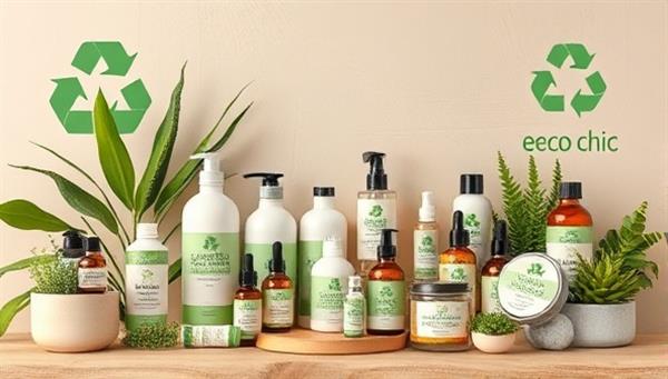 An eco-chic beauty refill display featuring a range of refillable beauty containers, biodegradable packaging, and eco-friendly beauty products arranged in a sustainable setting with green elements, recycling symbols, and natural textures, promoting sustainability and eco-conscious beauty choices.