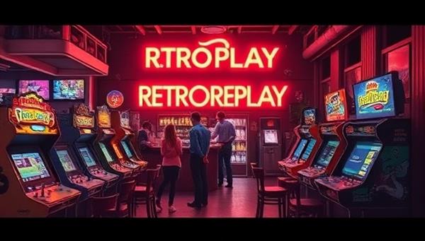 An artistic representation of RetroReplay Lounge, showcasing a retro-themed bar area with arcade cabinets, neon lights, and gaming memorabilia, accompanied by a group of patrons enjoying classic games and socializing, capturing the nostalgic and vibrant atmosphere of the gaming lounge.