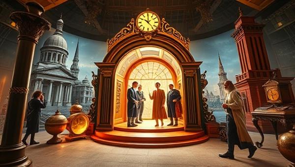 An enchanting digital portal showcasing a virtual time machine with historical figures stepping out of different eras, surrounded by iconic landmarks and artifacts representing various historical periods, inviting users to embark on a time-traveling adventure through TimeTraverse.