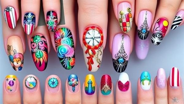 An artistic representation of various intricate and colorful nail art designs displayed on virtual nails, showcasing creativity, precision, and attention to detail in nail artistry.