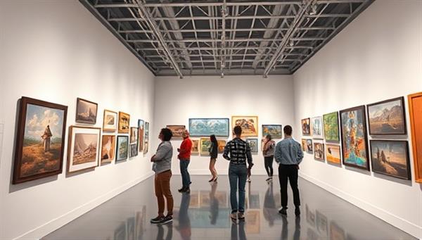 A virtual art gallery setting with digital artworks displayed on virtual walls, interactive touchpoints for exploring details, and avatars of art enthusiasts admiring the diverse collection, creating a visually stunning and immersive art gallery experience.