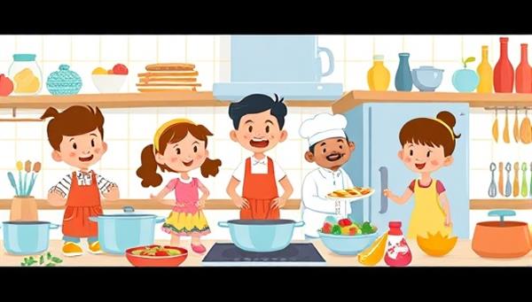 An illustration of a cheerful virtual kitchen setting with cartoon characters of kids and a chef, surrounded by pots, pans, and ingredients, creating a playful and inviting atmosphere for cooking classes.