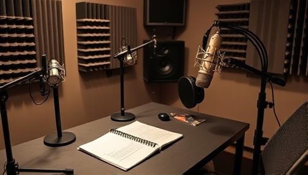 A captivating podcast studio setup featuring professional microphones, soundproofing panels, and recording equipment, with host headphones and a script laid out on a desk, ready for an engaging beauty podcast recording session, exuding creativity and professionalism in audio content creation.