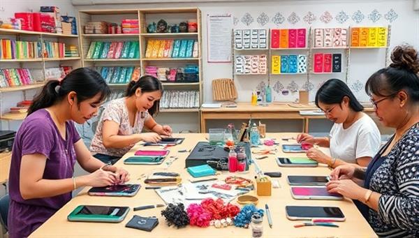 An artisan workshop setting with colorful tech crafting materials, participants happily creating personalized phone cases and gadget decorations, a skilled instructor demonstrating a new crafting technique, and a display showcasing the diverse tech artisan creations, creating a vibrant and collaborative tech crafting atmosphere.