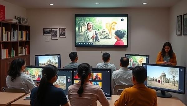 An online classroom environment featuring a diverse group of students engaged in a virtual lesson for a rare language, with interactive language exercises and cultural artifacts displayed on digital screens, reflecting the immersive and educational experience offered by LinguaRare Academy.