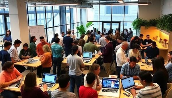 A vibrant, modern community space filled with people of diverse backgrounds, engaged in workshops, networking, and collaborating on laptops, creating a dynamic and inclusive atmosphere.