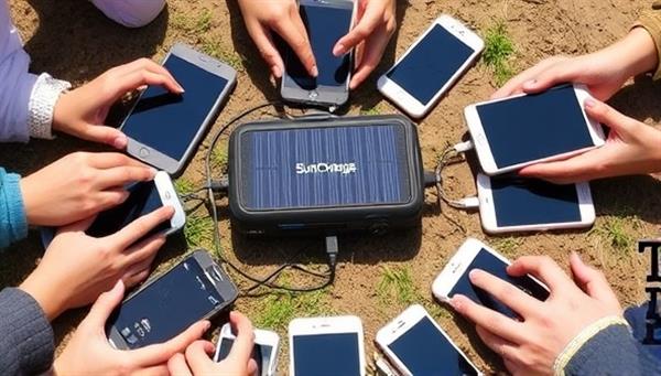 An outdoor setting with a SunCharge portable charging station surrounded by smartphones and tablets being charged under the sun, illustrating the convenience and sustainability of solar-powered device charging on-the-go.