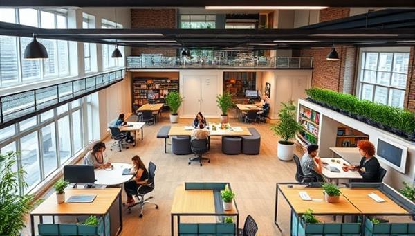 An artistic rendering of a modern co-living space with shared workstations, communal areas for socializing, and a rooftop garden for relaxation, capturing the essence of community and collaboration in the co-living environment.