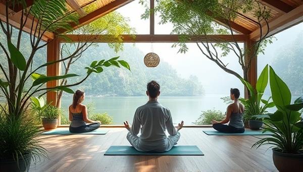 A serene virtual retreat setting with lush greenery, calming natural elements, and tranquil spaces for meditation and yoga practice, featuring a wellness practitioner leading a guided meditation session with participants from around the world, promoting relaxation and inner peace.