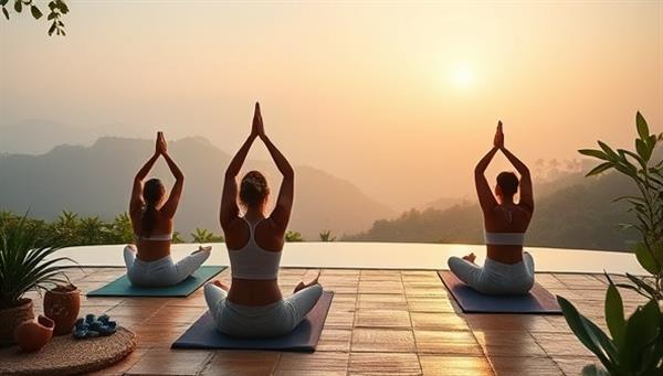 A serene virtual wellness retreat setting with participants engaging in yoga poses, meditating in a tranquil environment, and joining a virtual cooking class, evoking a sense of calm and rejuvenation in a digital oasis.