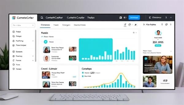 A digital workspace with a content creator using the ContentCrafter Subs platform to organize social media posts, schedule content calendars, and analyze engagement metrics, showcasing the platform