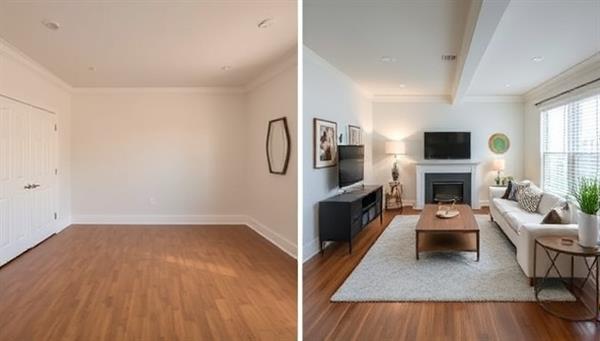 A side-by-side comparison image showcasing a plain, empty room next to a digitally staged room with stylish furniture, decor, and lighting, highlighting the dramatic difference virtual staging can make in property presentation.