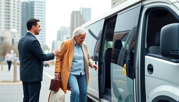 A senior couple stepping into a modern, comfortable shuttle vehicle with friendly staff assisting them, surrounded by a city backdrop, emphasizing safety and convenience for elderly passengers.