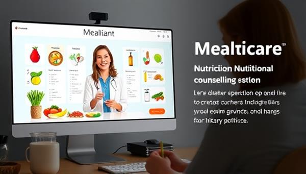 An engaging visual of a virtual nutritional counseling session on the NutriCare Connect platform, with a dietitian discussing meal plans on a computer screen, accompanied by colorful food illustrations and nutrition labels, conveying expertise and personalized dietary advice.
