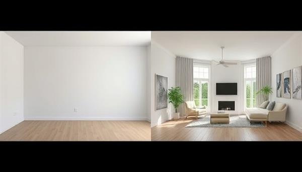 A split-screen image showing a plain, uninspiring room on one side and a digitally rendered, beautifully designed room on the other side, highlighting the transformative power of virtual interior design.