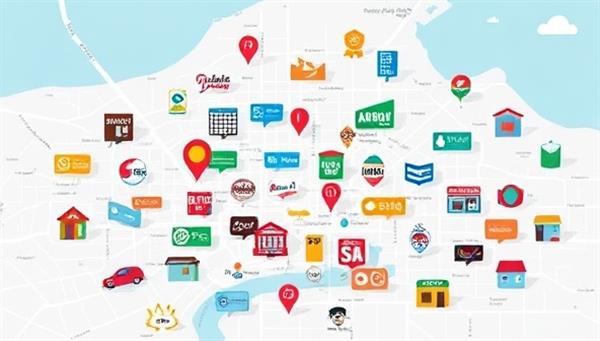 An interactive map illustration showcasing various local businesses represented by colorful icons, highlighting the diverse array of offerings available within the community and enticing users to explore the directory further.