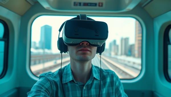 A person wearing a VR headset immersed in a virtual office environment with a simulated commute experience, complete with a moving train or car, city landscapes passing by, and ambient sounds, creating a realistic and engaging VR commuting setting.