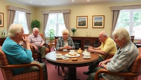 A cozy club setting with elderly members participating in group exercises, socializing over tea, and attending a health talk, creating a warm and inclusive atmosphere for seniors.