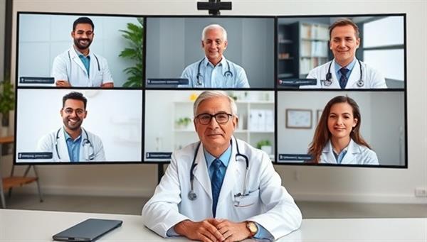 An online consultation setup with a diverse panel of medical experts appearing on screens, reviewing medical records and discussing treatment options with a patient, emphasizing collaboration and expertise in medical second opinions.