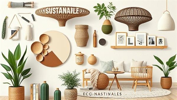 An artful digital collage featuring sustainable home decor items, natural textures, botanical elements, and cozy living spaces adorned with eco-friendly accents, conveying the harmony between style and sustainability in home decor, with a focus on eco-conscious living.