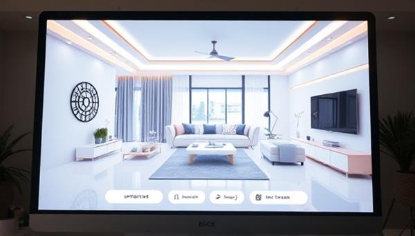 A computer screen displaying an immersive 3D virtual tour of a modern living room, with interactive navigation buttons and realistic lighting effects, creating a captivating visual experience for users.