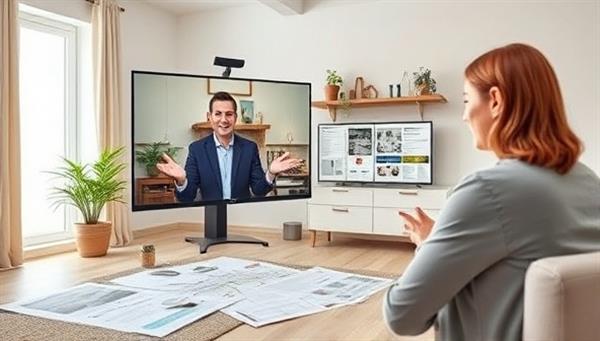 A virtual design consultation session with a professional interior designer discussing renovation plans and mood boards with a client via video call.
