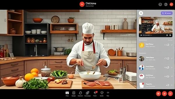 An online cooking class scene with a celebrity chef demonstrating a cooking technique, surrounded by ingredients, utensils, and a virtual kitchen setup, engaging with participants through live chat and interactive features, creating an immersive culinary learning experience.