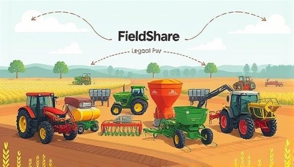 A digital illustration depicting a diverse group of farmers collaborating and sharing various farm equipment, including tractors, plows, and seeders, through the FieldShare platform, showcasing the efficiency and community-driven approach to agricultural resource management facilitated by the service.