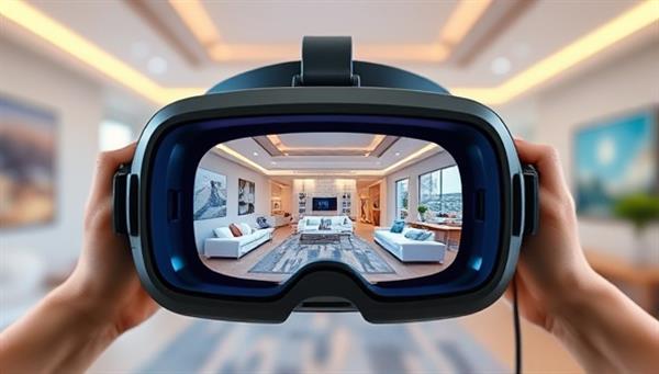 A captivating VR headset displaying a futuristic property tour in progress, with virtual furniture, decor, and interactive elements, illustrating the immersive and cutting-edge experience of VirtuEstate Tours.