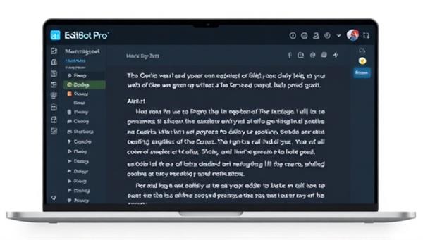 An AI-powered editing interface of EditBot Pro, showing a manuscript being analyzed and edited in real-time with suggestions for improved grammar and style, creating a seamless and efficient editing process for writers and authors.