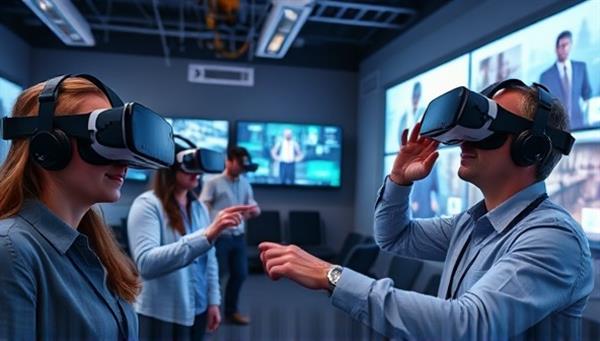 An immersive VR training environment with employees wearing VR headsets, interacting with virtual scenarios and simulations, and engaging in hands-on learning experiences, demonstrating the cutting-edge VR training solutions offered by VR Learning Solutions.