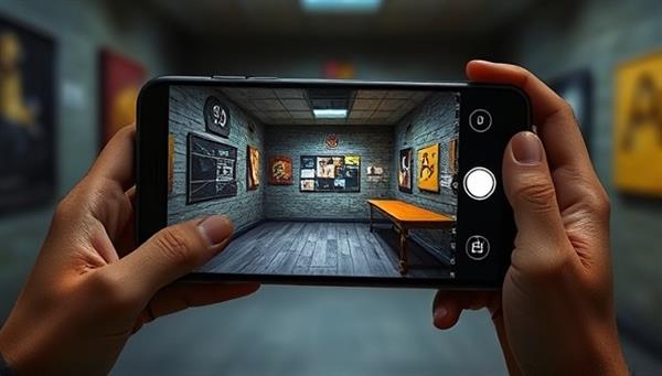 An AR-enabled smartphone displaying a virtual escape room environment with interactive puzzles and clues superimposed in a real-world setting, illustrating the immersive and interactive nature of AR EscapeQuest