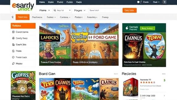 An inviting online marketplace interface featuring colorful board game listings, user reviews, and interactive community forums, creating a vibrant and engaging hub for board game enthusiasts.