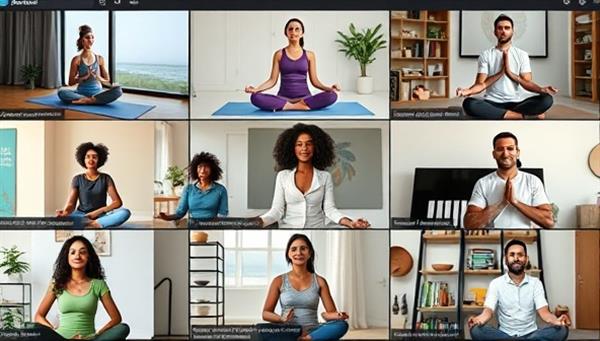 A vibrant and inclusive virtual wellness session with diverse individuals engaging in yoga, meditation, and nutrition discussions through video conferencing, portraying a sense of community and well-being.