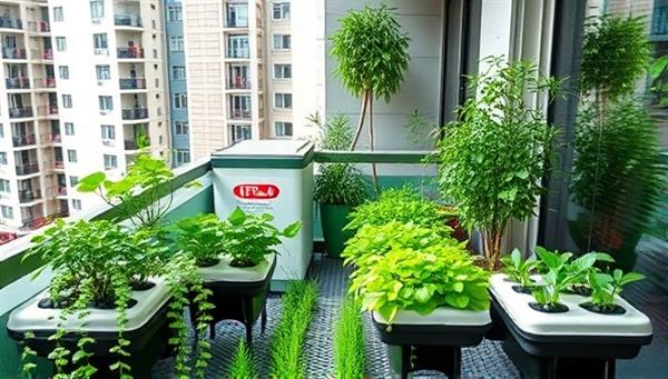 An urban apartment balcony transformed into a lush mini garden with a variety of plants growing in compact hydroponic systems, showcasing a sustainable and green lifestyle.
