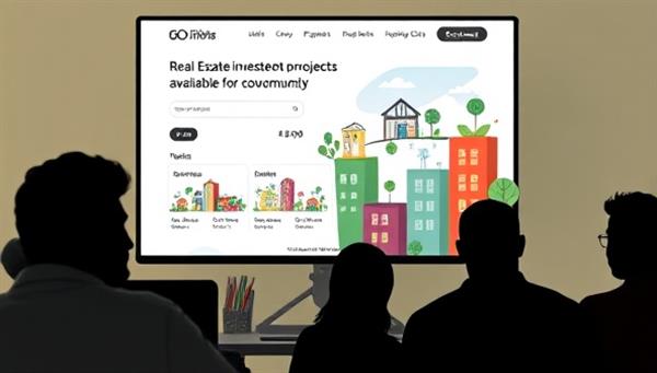 An engaging online platform interface showcasing diverse real estate investment projects available for crowdfunding, with interactive features for investors to explore properties, track investments, and engage with the community, symbolizing financial inclusivity and opportunity.