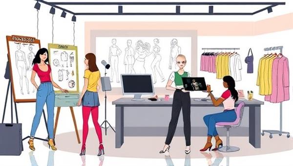 A stylish digital illustration showcasing a virtual fashion design studio with users creating digital fashion sketches, customizing clothing designs, and sharing their creations on a virtual runway, capturing the innovative and collaborative spirit of the online platform.