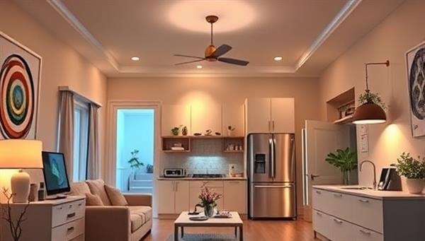 A home interior featuring a modern smart home setup with voice-activated devices, automated lighting, security cameras, and energy-efficient appliances, showcasing the convenience and efficiency of smart home technology.
