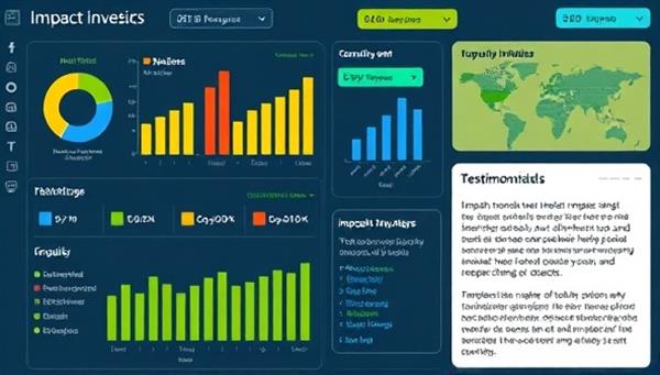 An engaging and interactive investment dashboard displaying impact metrics, community initiatives supported by the fund, and testimonials from millennial investors on the positive change created by ImpactMillion Fund, highlighting the social and environmental impact of responsible investing.