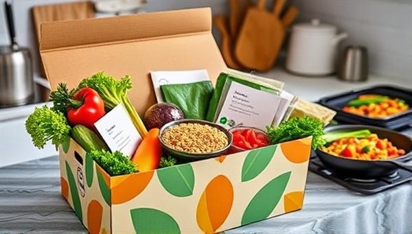 An appetizing image of a colorful meal kit box filled with fresh vegetables, grains, and recipe cards, displayed on a kitchen counter with cooking utensils and a finished dish in the background, highlighting the convenience and health benefits of the service.