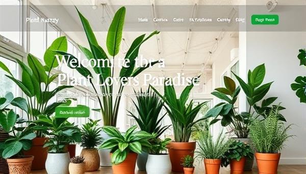 An online plant nursery website homepage featuring a variety of lush green plants displayed in stylish pots against a backdrop of a bright and airy indoor space, with care instructions and consultation service details, creating a welcoming and informative plant lover