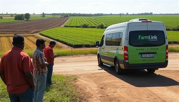 A picturesque rural landscape with farmworkers waiting at a designated pickup point, a FarmLink-branded van arriving to transport them, and lush farmland in the background, symbolizing the essential role of transportation in agricultural livelihoods.
