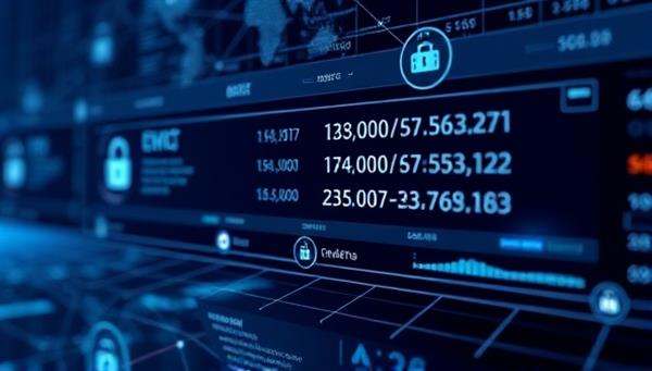 A sleek and futuristic interface displaying financial transactions on a blockchain network, with secure encryption symbols and real-time data updates, illustrating transparency and cutting-edge technology.