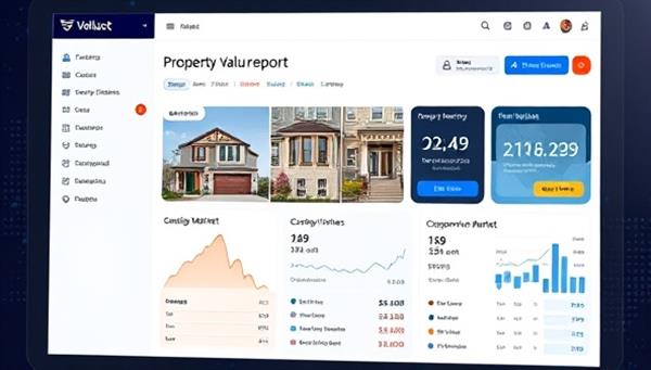 An AI-powered interface displaying a property valuation report with detailed insights, comparative market analysis, and visual representations, demonstrating the precision and sophistication of ValuBot Pro