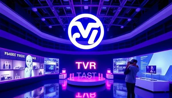 An immersive virtual reality environment with a brand logo floating in 3D space, interactive product showcases, and virtual avatars engaging with the brand content, illustrating the futuristic and interactive nature of VR brand experiences.