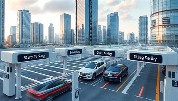 A futuristic cityscape with designated smart parking areas equipped with sensors and digital displays showing real-time availability, with vehicles smoothly navigating the parking facility, illustrating the efficiency and convenience of ParkWise Tech