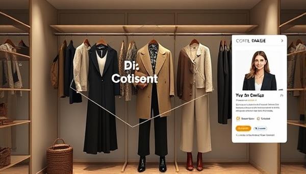 An elegant and modern virtual closet interface displaying curated outfits and accessories, with AI suggestions popping up beside the user