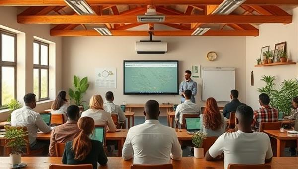 An inspiring visual of a virtual classroom environment with diverse students engaging in interactive agricultural lectures and workshops online, showcasing the inclusive and educational atmosphere of the FarmPro Academy e-learning platform.